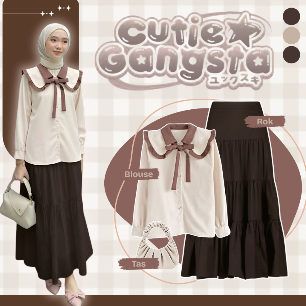 Set Baju Wanita Aesthetic ( Blouse Tali - Rok Susun - Hijab Pasmina ) OOTD Brown Kekinian |YW170
