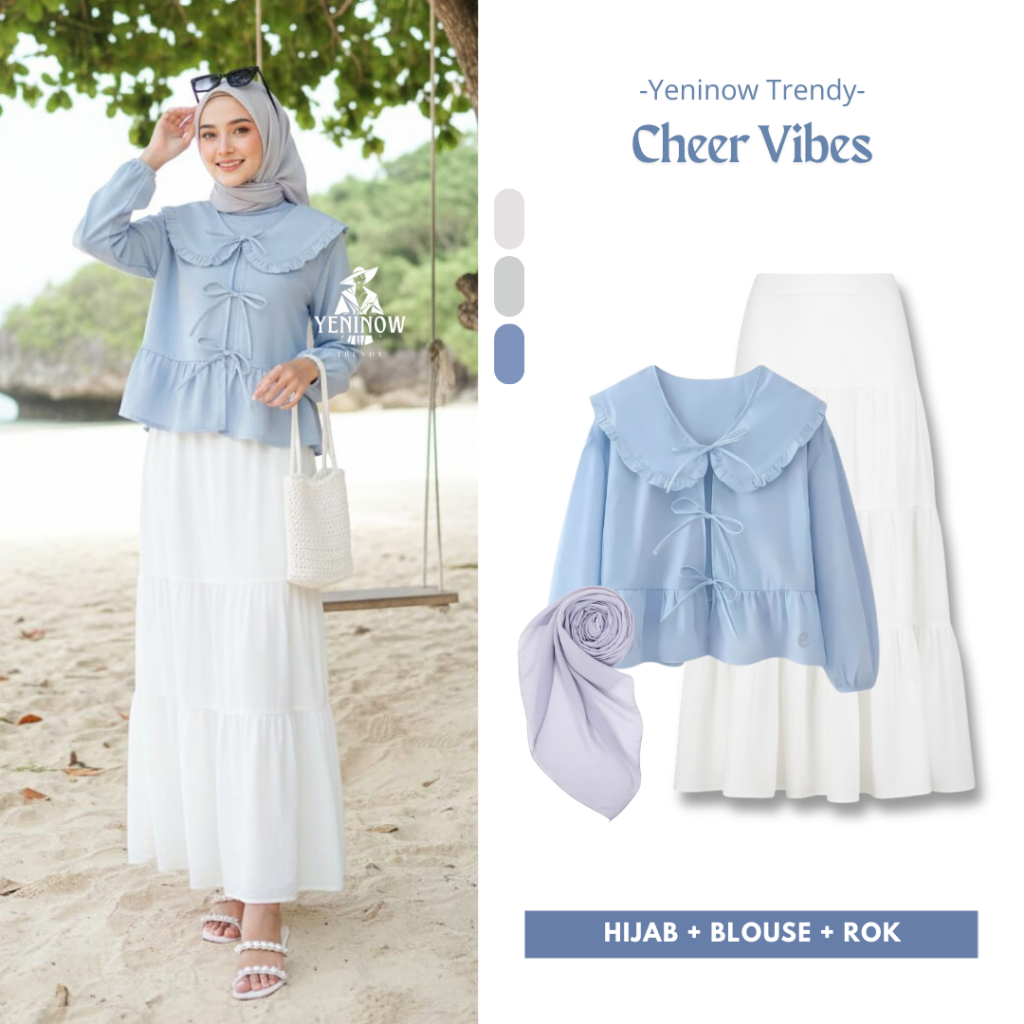 Cheer Vibes One Set Korean Syle Hijab (Blouse Kerah, Rok Susun, Jilbab Segiempat) Setelan Wanita Kek