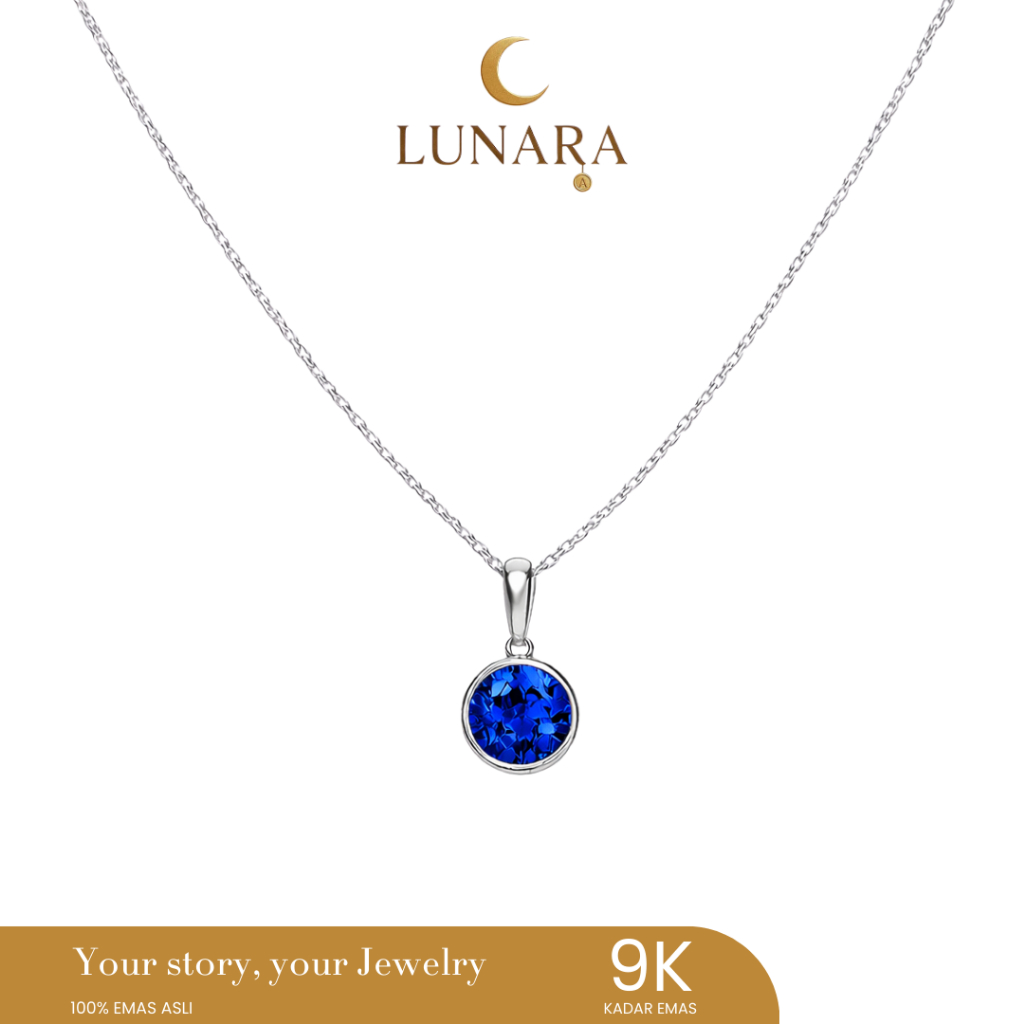 Lunara Jewelry - Kalung Birthstone Sapphire Pendant Bulat Emas 9K - Hadiah Perhiasan Wanita Premium 