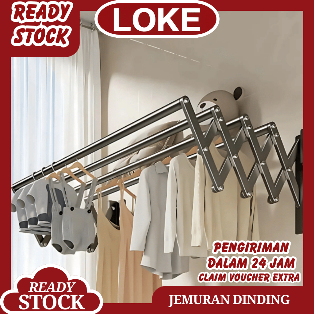 LOKE Jemuran Baju Tempel Dinding Jemuran Lipat Dinding Stainless Steel Jemuran Baju Pakaian Dinding