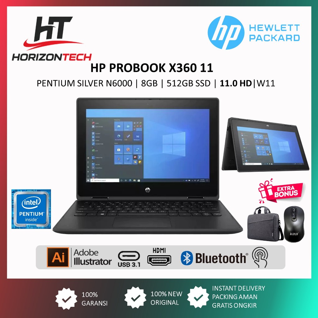 Laptop 2in1 HP Probook X360 11 Intel Pentium Silver N6000 8GB 512GB SSD 11 Inch Touchscreen Win 11
