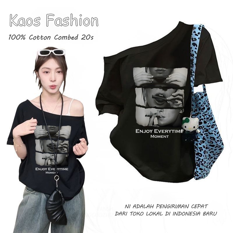 Enjoy Everytime Edgy seni pola Tshirt Y2K Offshoulder tee Vintage Retro korean style crop top tshirt