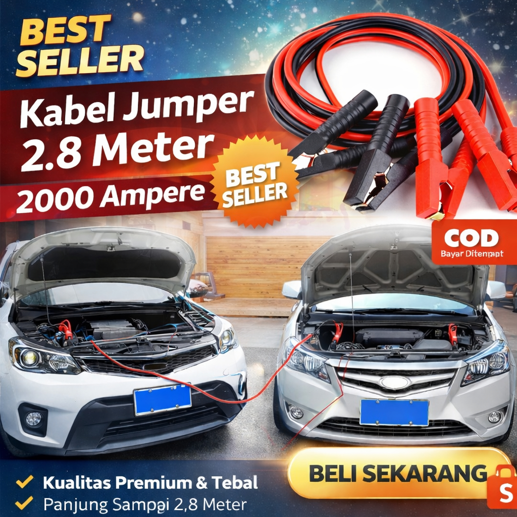 Kabel Jumper Aki Mobil Motor 2,8 Meter 2000A | Booster Cable Darurat Jepit Kuat Tebal
