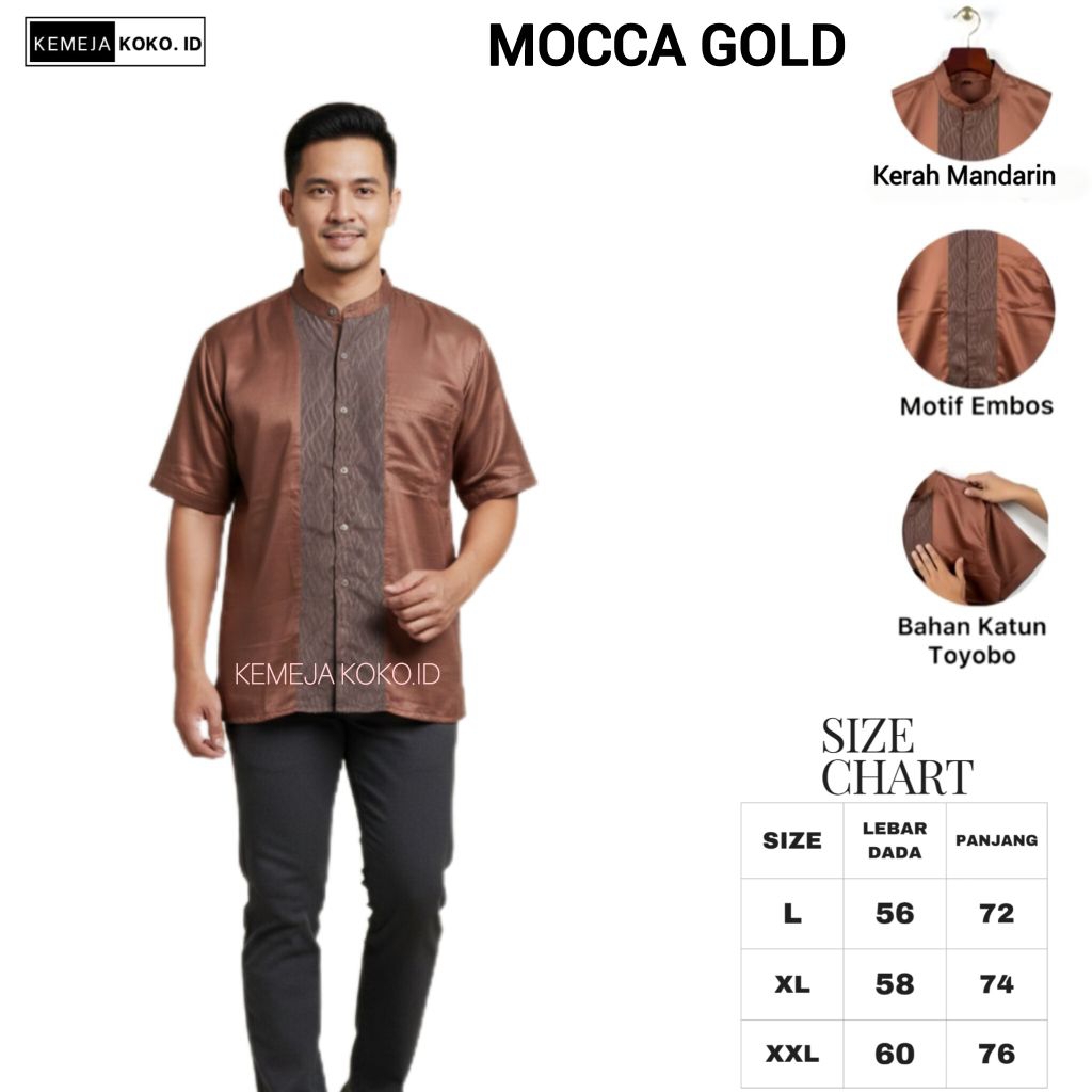 Baju Koko Pria Lengan Pendek | Baju Koko Warna Mocca Gold Bahan Katun Toyobo Motif Embos | Baju Musl