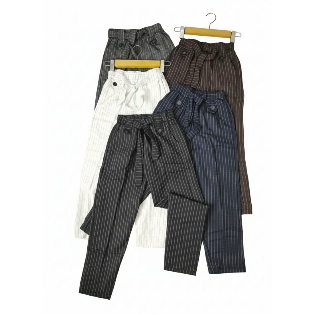 Celana Baggy Pants Anak Perempuan 8-11 Tahun Bahan Semi Woll Pinstripe Salur Premium