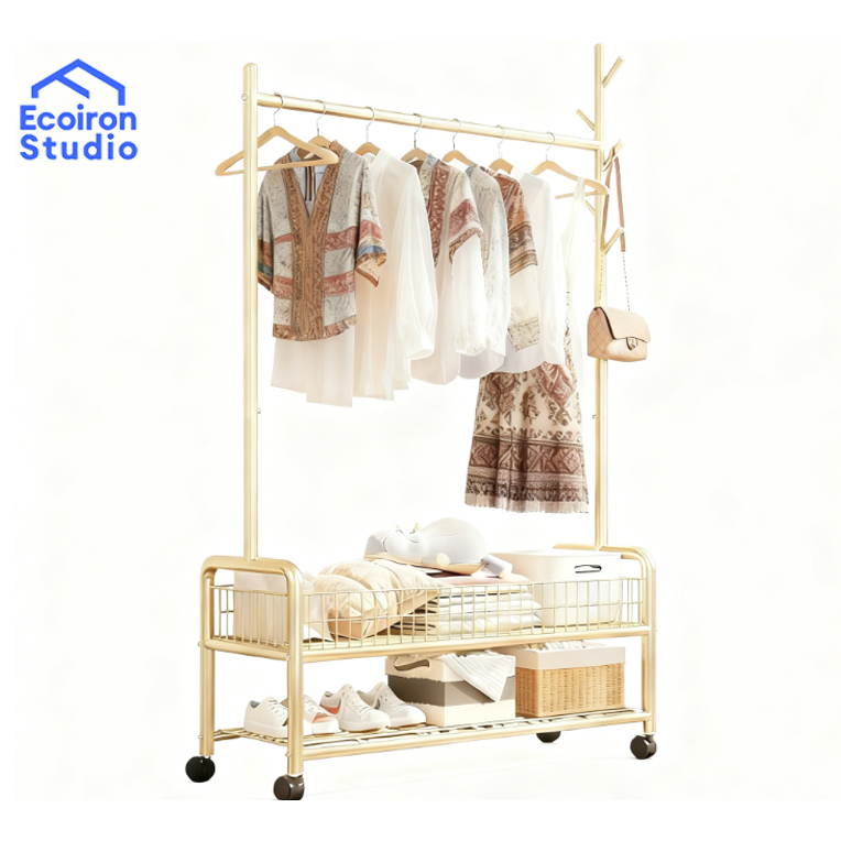 EcoIron Studio Rak Gantung Baju Besi Dengan Keranjang Mukena Sajadah Serbaguna Rapi COD Ready Suraba