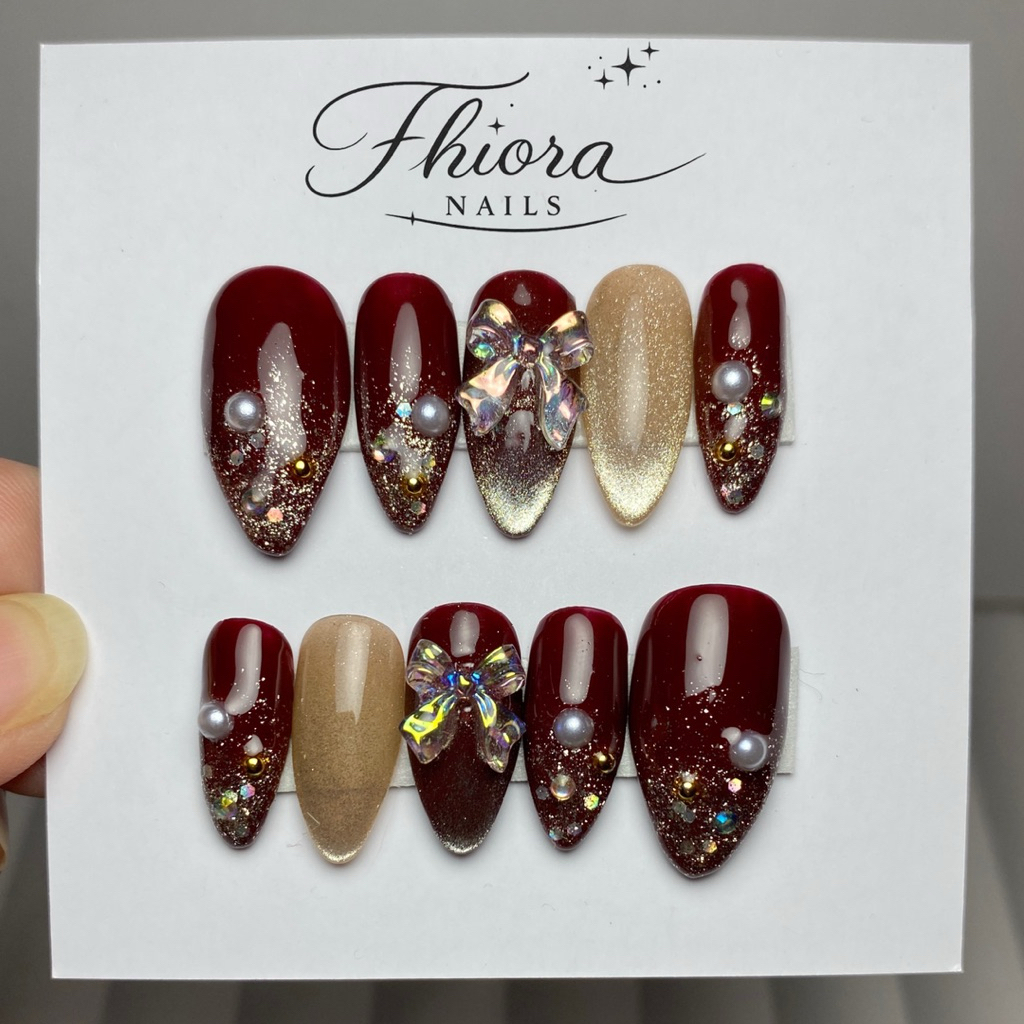 Maroon gold glitter pita press on nails | kuku palsu | nail art