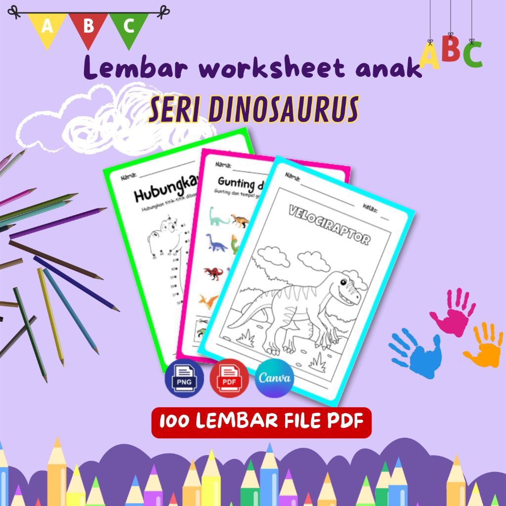 100 Lembar Worksheet anak Seri Dinosaurus PAUD - TK - SD (File PDF)