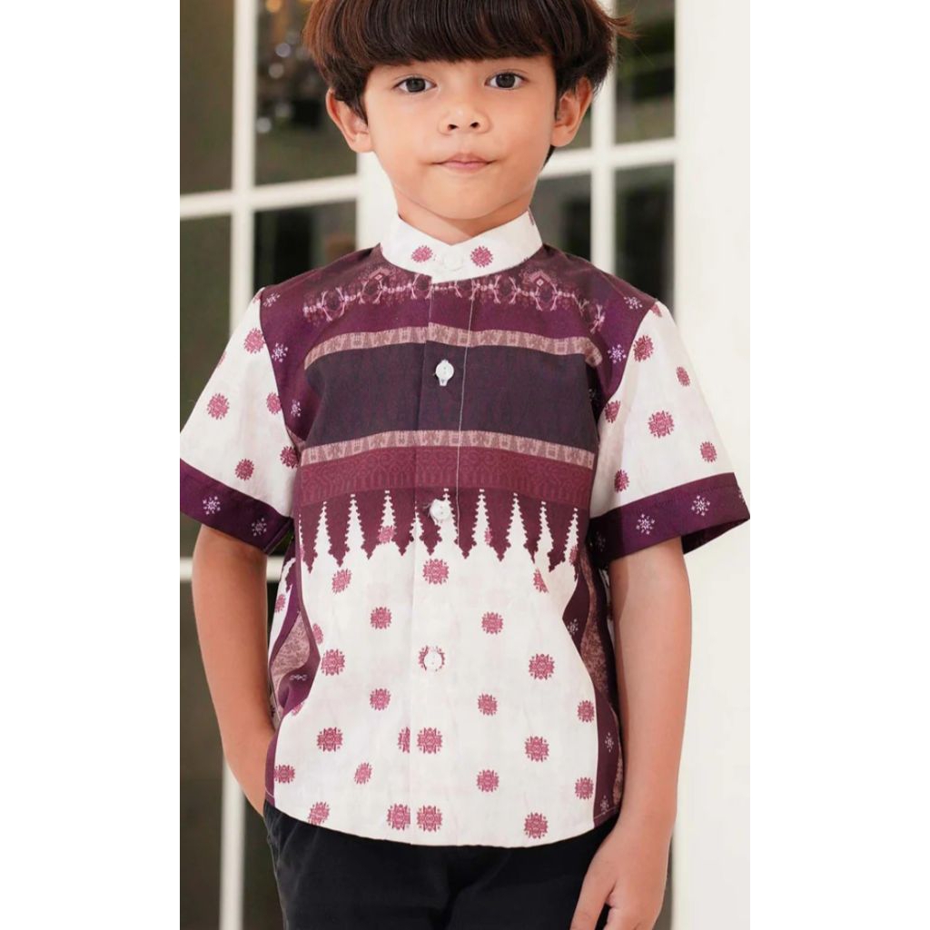 Benang Jarum Benang Pelangi Nalanda Kids Shirt Short Sleeve - Maroon Baju Koko Anak Baju Lebaran