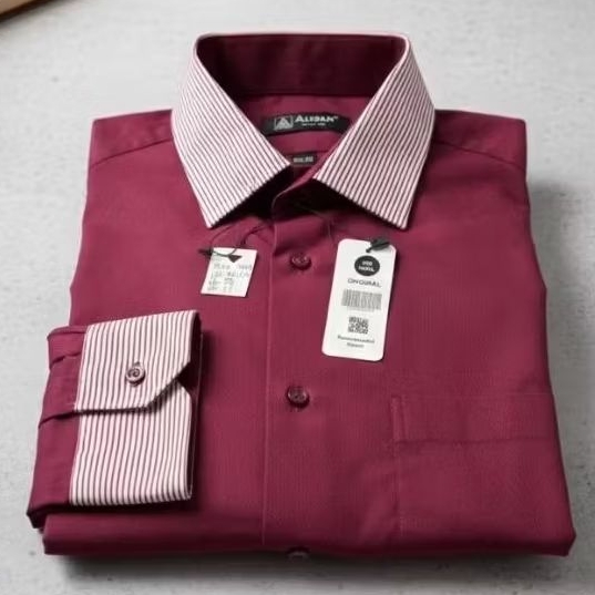 Kemeja Pria ALISAN Size XXL/16– Marun Kombinasi Garis | Lengan Panjang