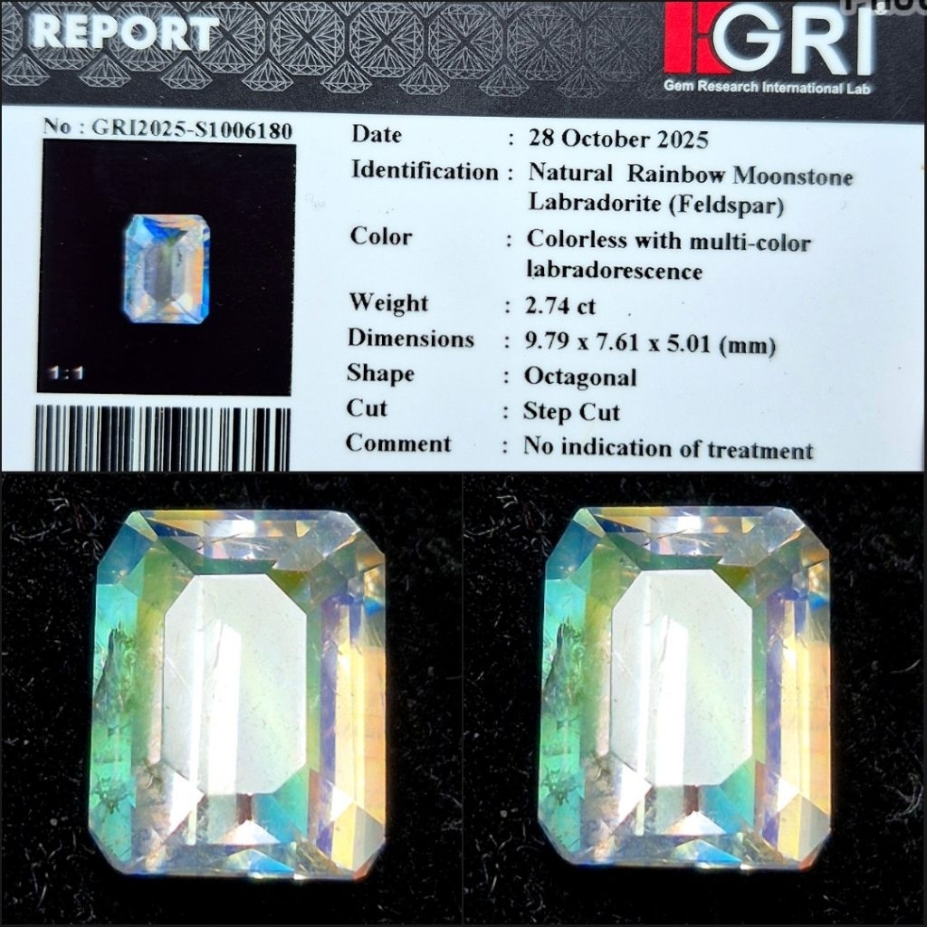 Natural Rainbow Moonstone NTE NH Pelangi Octagon Emerald Cut Full Jarong Memo GRI