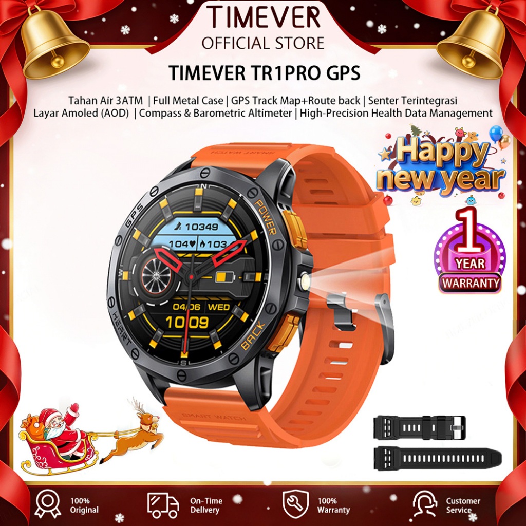 TIMEVER TR1PRO GPS Track Map AOD smartwatch lampu senter jam tangan pintar tahan air 3ATM jam tangan