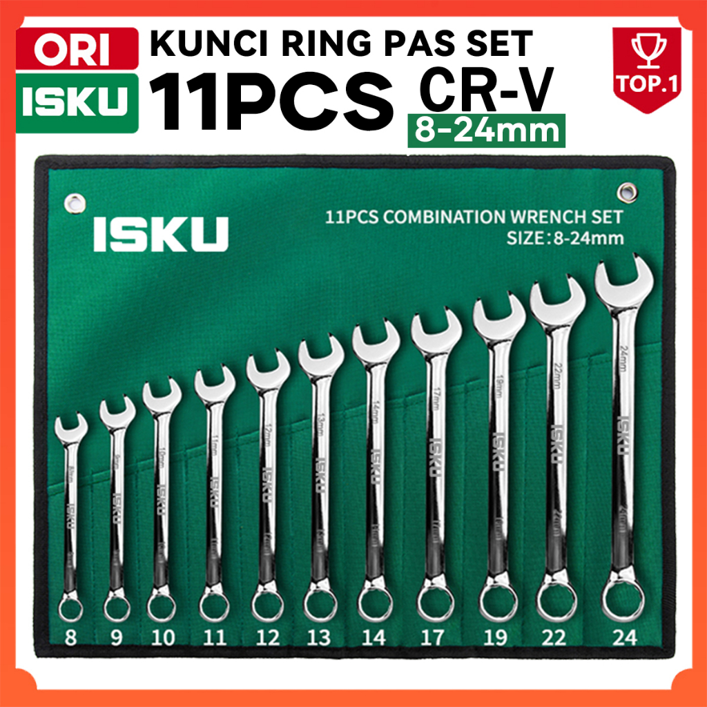 ISKU Kunci Ring Pas Set 11 Pcs 8-24mm Combination Wrench Spanner CR-V Baja Chrome Vanadium Mirror Po