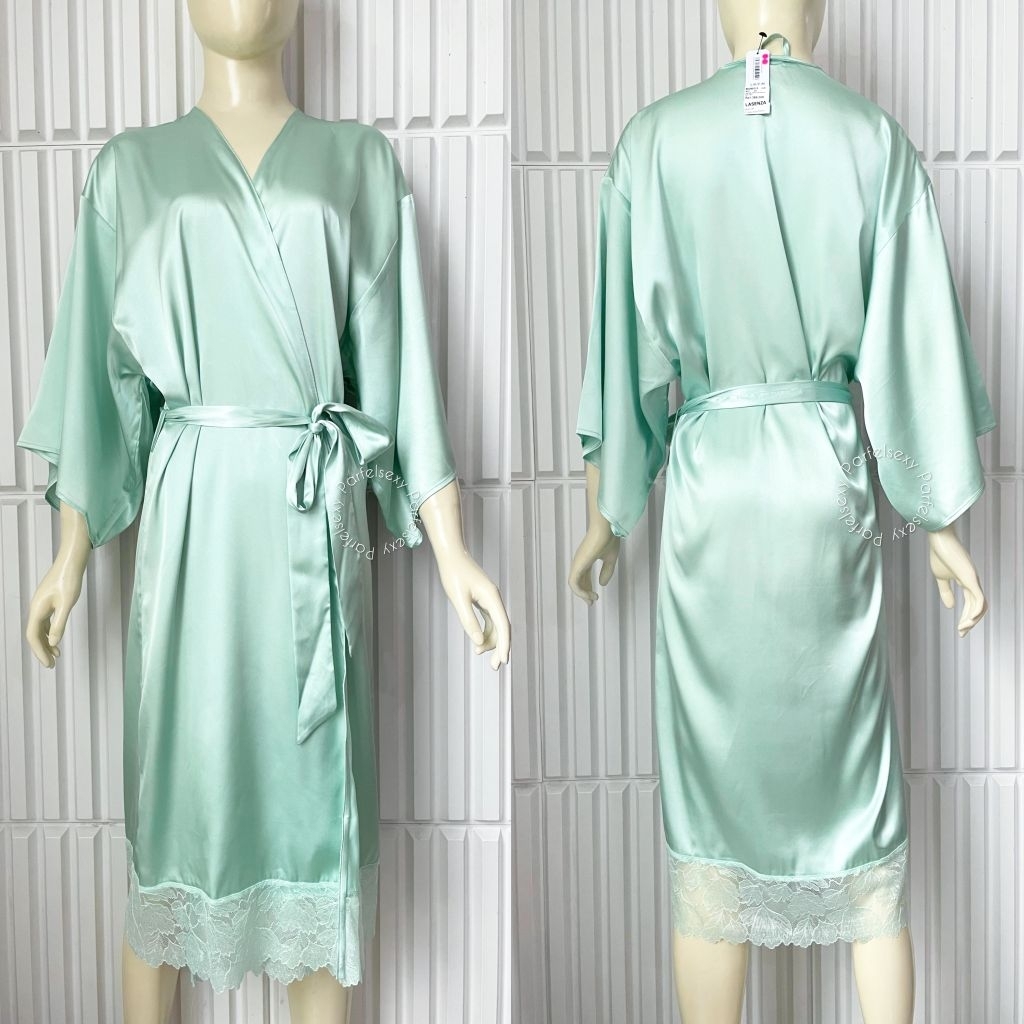La Senza Satin Mild Length Kimono With Lace Lingerie Wanita Size S-M 60265713