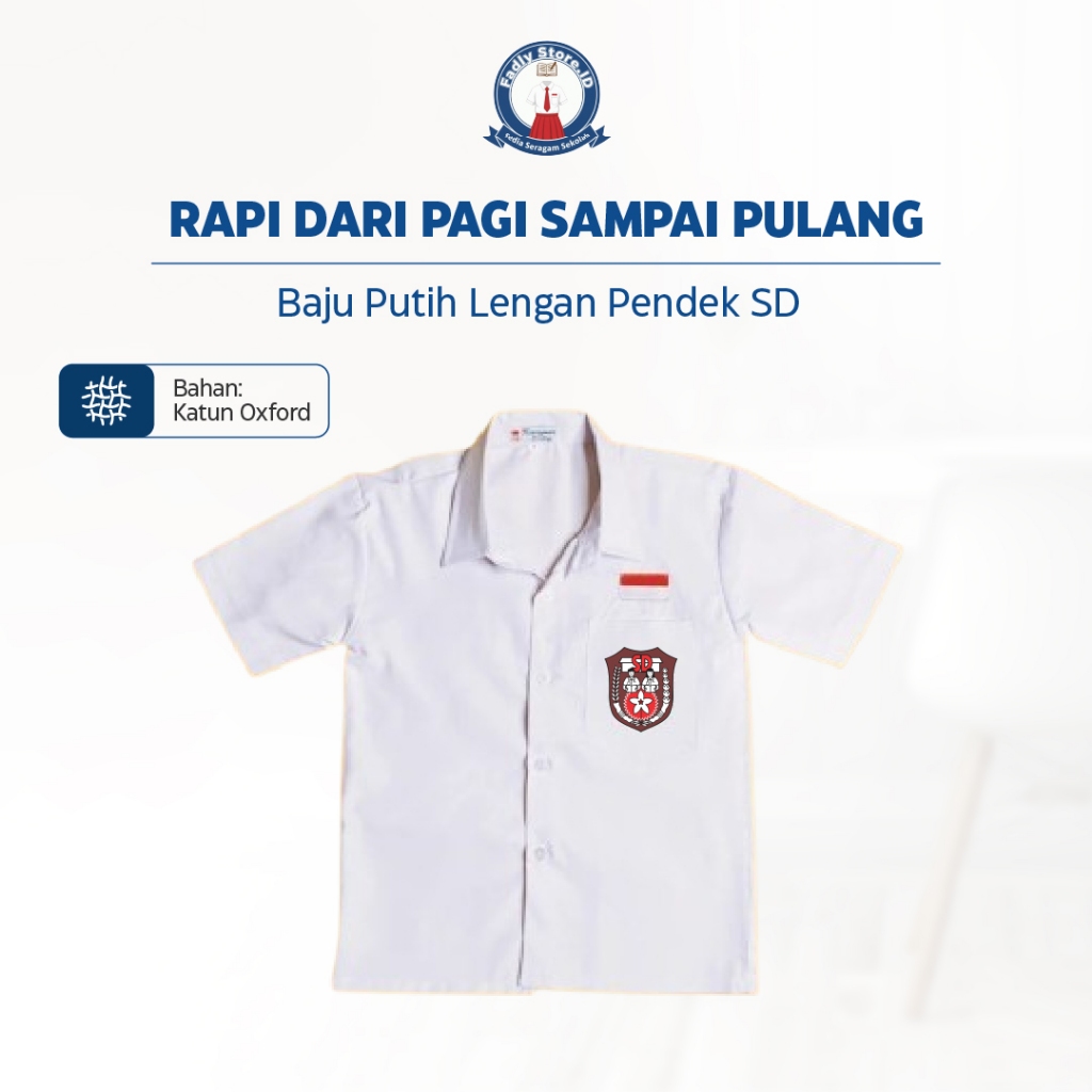 Kemeja Sekolah Putih Lengan Pendek SD Katun Oxford Bordir Tidak Terawang