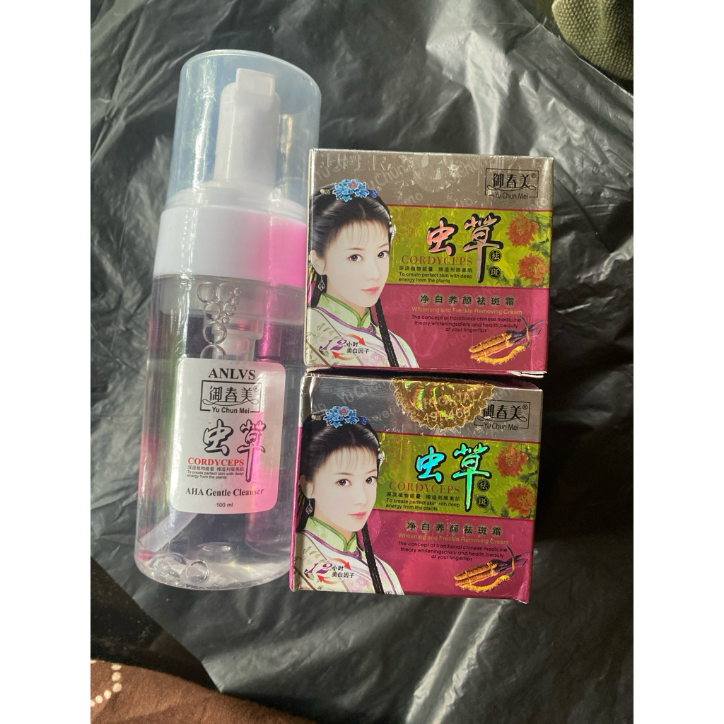 3pcs. yu chun mei cordyceps krim siang malam dan cleanser gentle ah anlvs yu chun mei.iso original