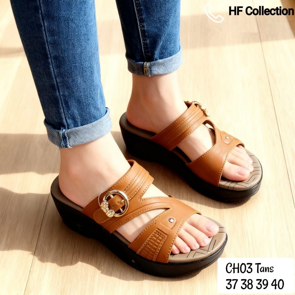 Sandal Sepatu Wedges Carvil Wanita by HF Sandal Selop Ban 3 Hak Sol Tinggi 5 cm Size 37-40 Sendal Pe