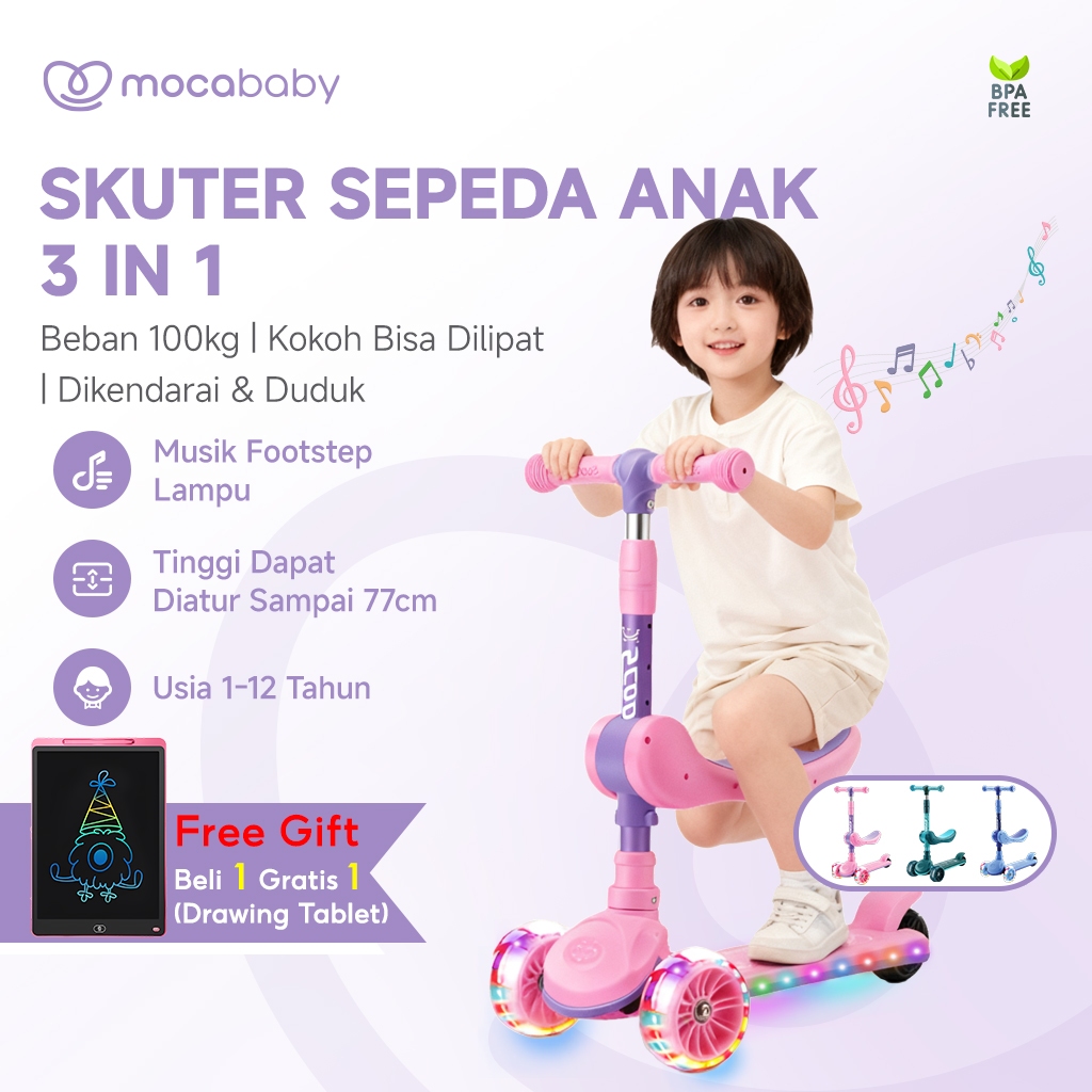 Mocababy (Buy 1 Get 1 Drawing Tablet) Skuter Sepeda Anak 3 in 1 Scooter Anak Roda 3 injak Bisa Lipat
