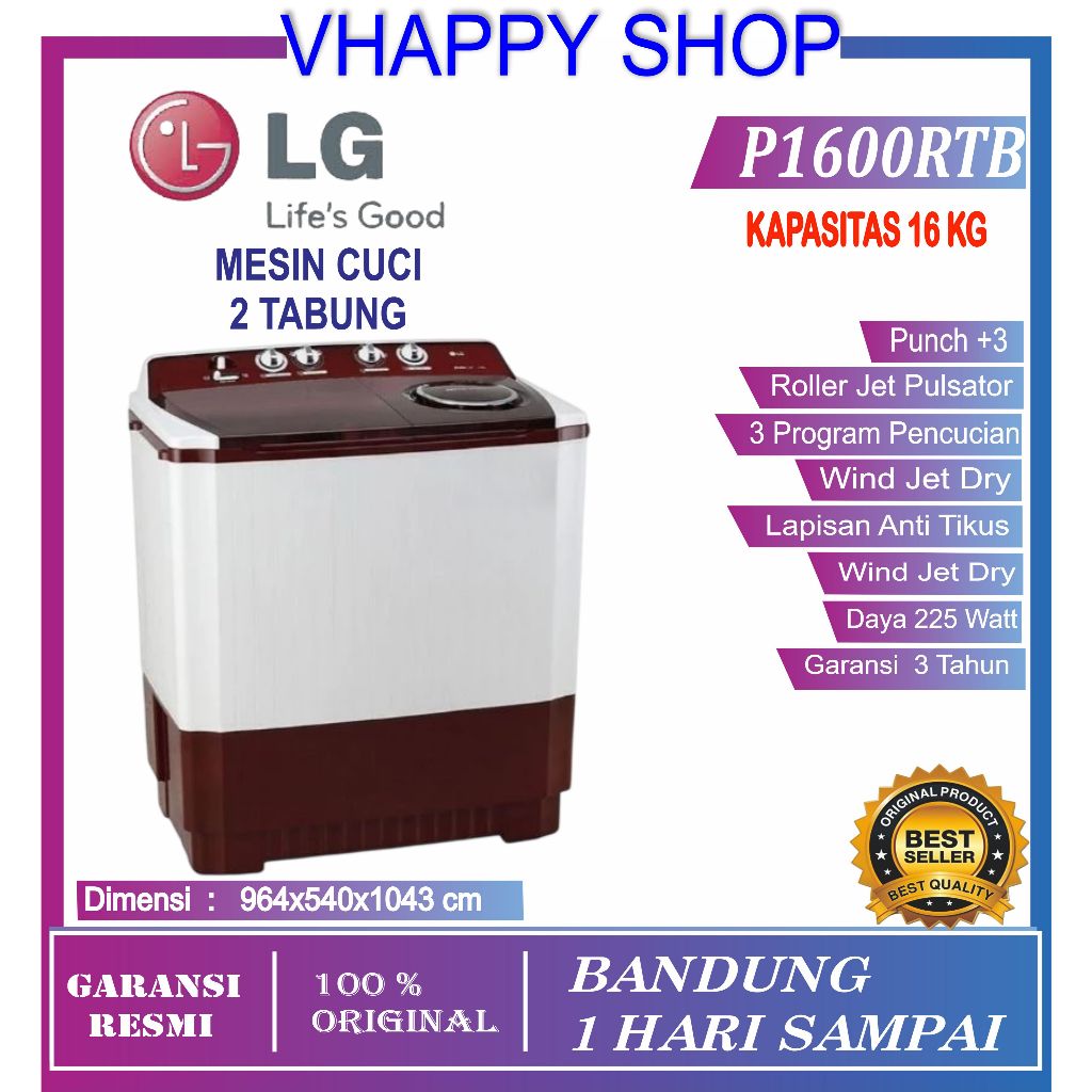 LG MESIN CUCI 2  P1600RTB  TABUNG 16 KG  LG MESIN CUCI 2 Tabung LG P1600