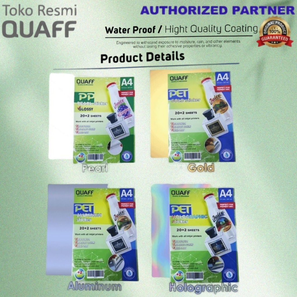 QUAFF  Tahan Air Label Stiker PET PP A4 (22 Lembar) Kertas Stiker Vinyl Inkjet Anti Air untuk Label 