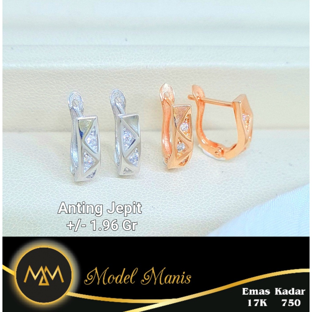 Model Manis Gold - Anting Jepit Triangle Putih Rosegold - Emas 17k  750