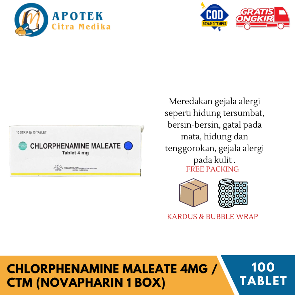 CHLORPHENAMINE MALEATE 4MG / CTM (NOVAPHARIN 1 KOTAK ISI 100 TABLET) - MENGHILANGKAN GATAL & ALERGI