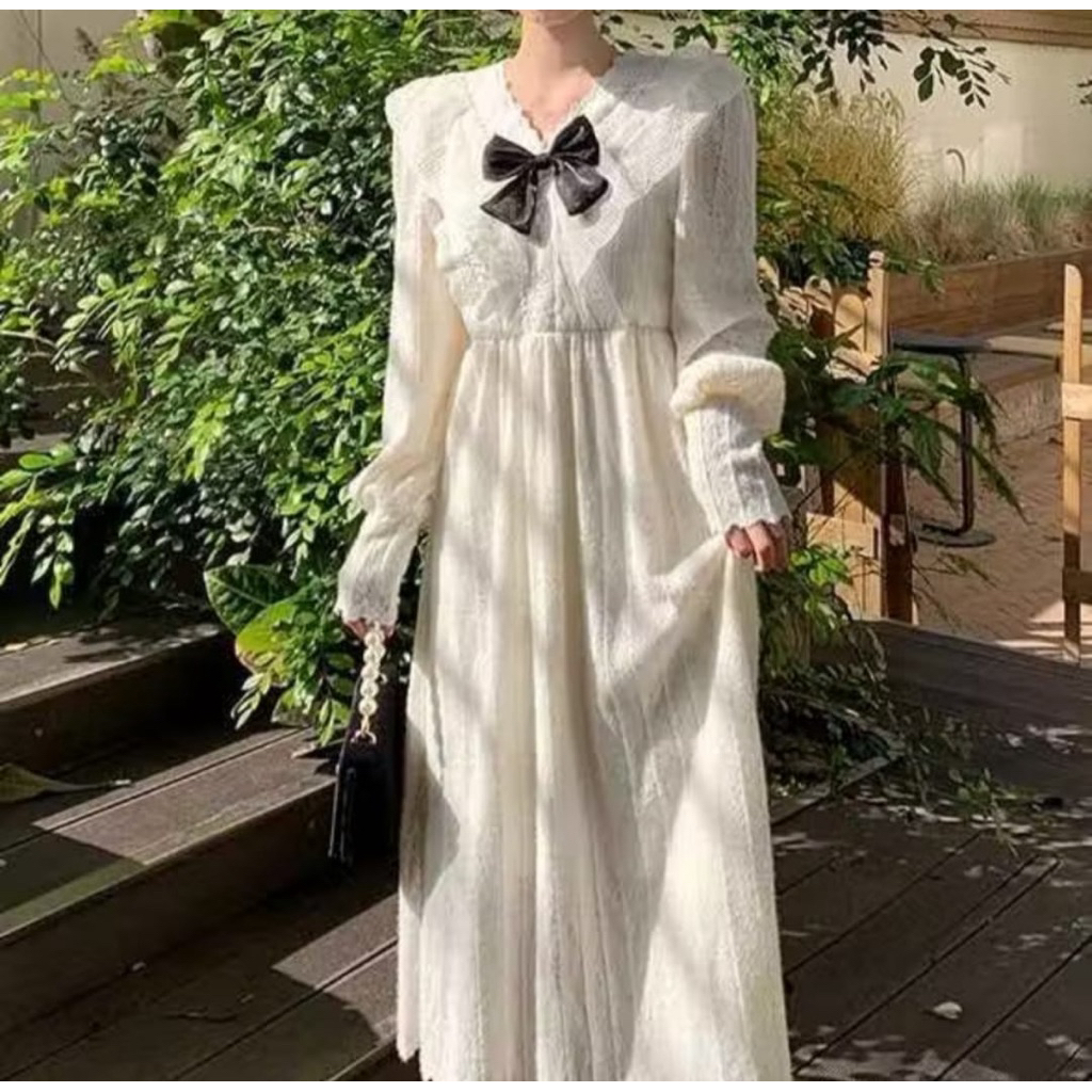 dress maxi korean style long dress retro korean vintage hijab friendly renda casual pita hitam