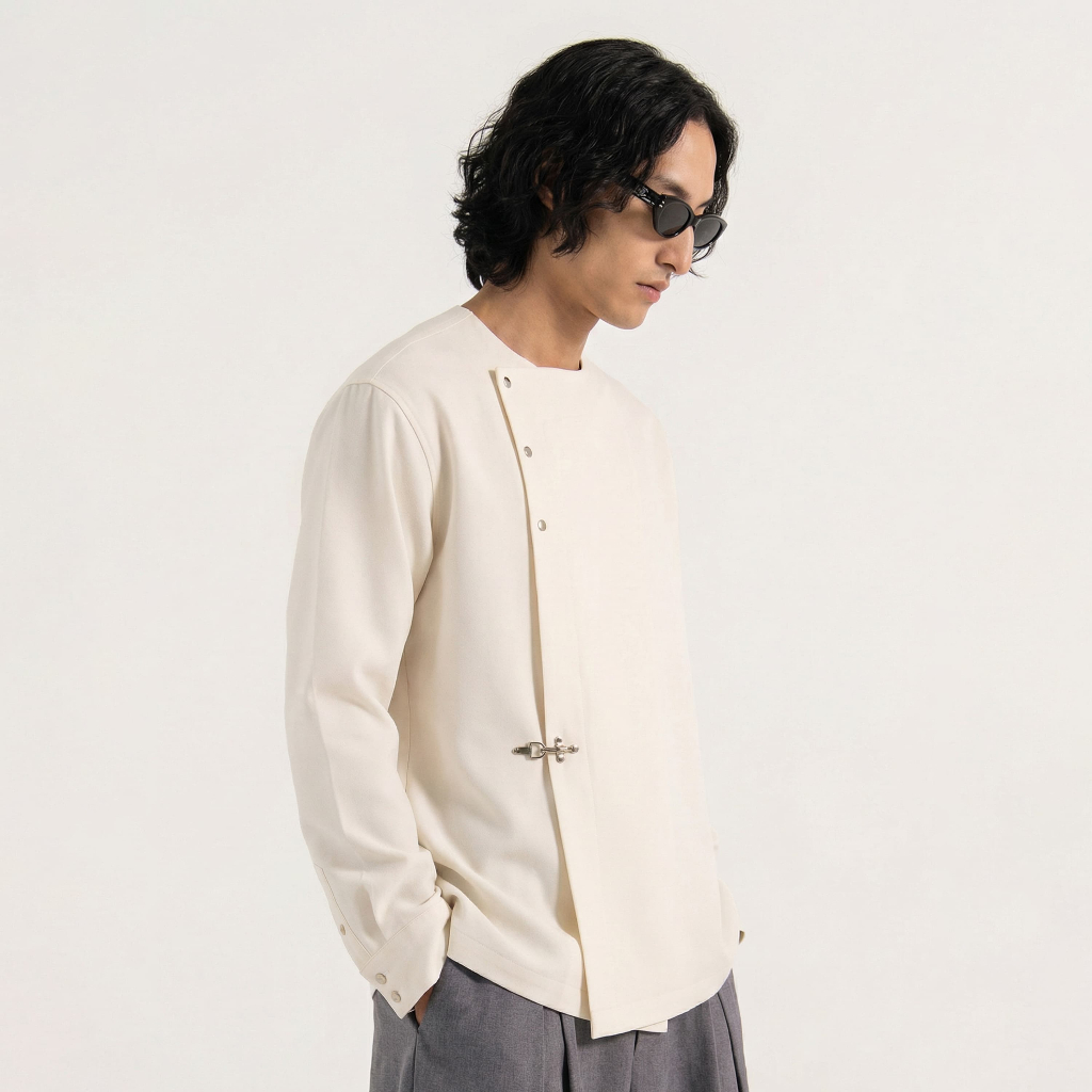 HEIM - Collarless Clasp Off-White Overshirt / Kemeja Jacket Krem Wool Premium Clasp Kemeja Chef Stre