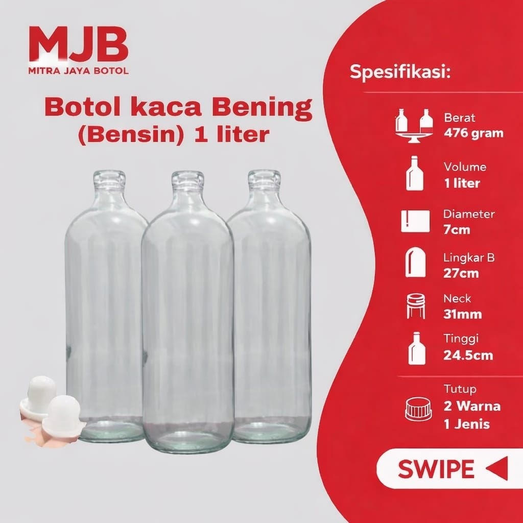 Paket (4Pcs) Botol Kaca 1 Liter Untuk Jualan Bensin Eceran//Jamu//Dan Lainnya