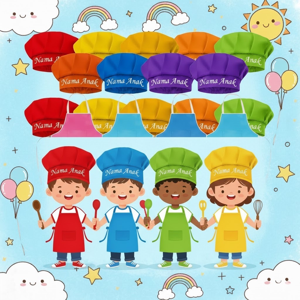Apron anak custom nama Topi koki anak custom nama Celemek anak custom nama Set apron dan topi koki a