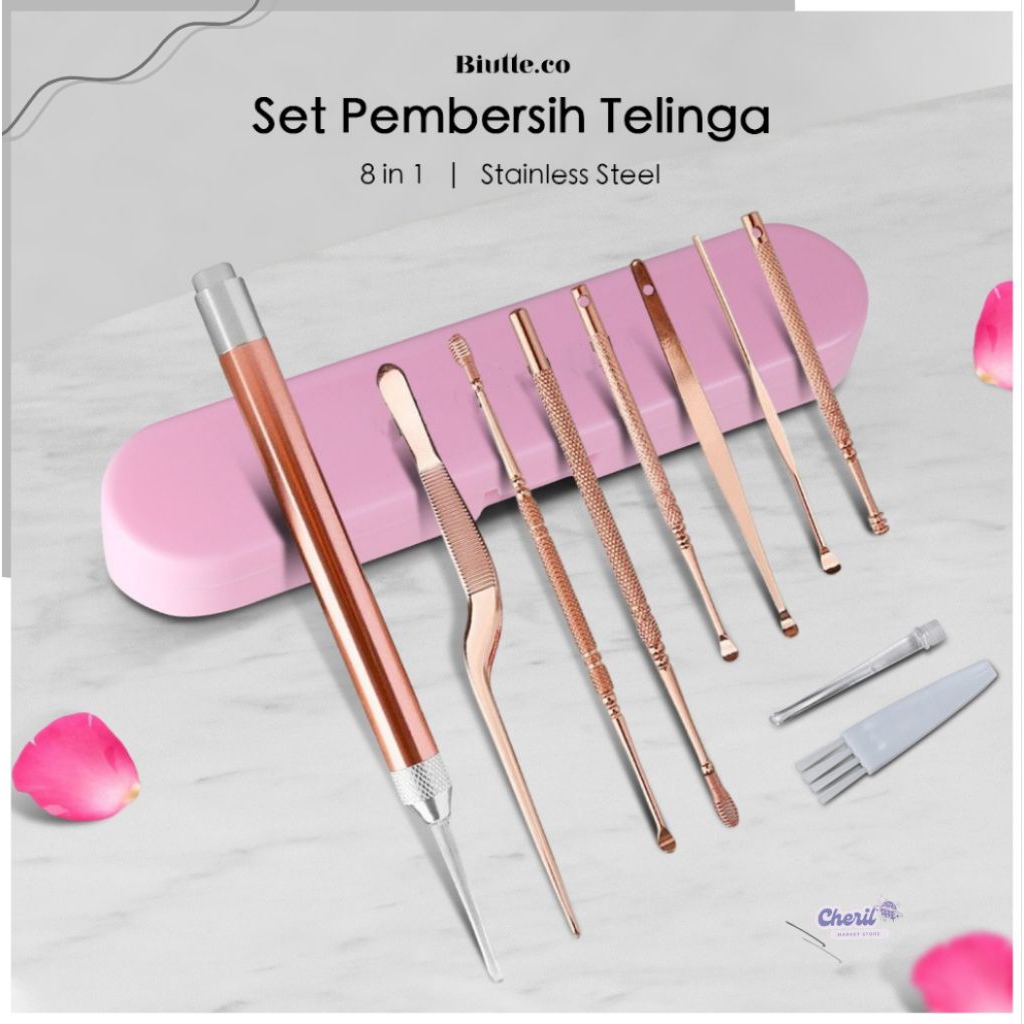 Cheril Biutte.co Set Pembersih Telinga Korek Kuping Ear Spoon Tool 8PCS - BA36 - Rose Gold / Korek T