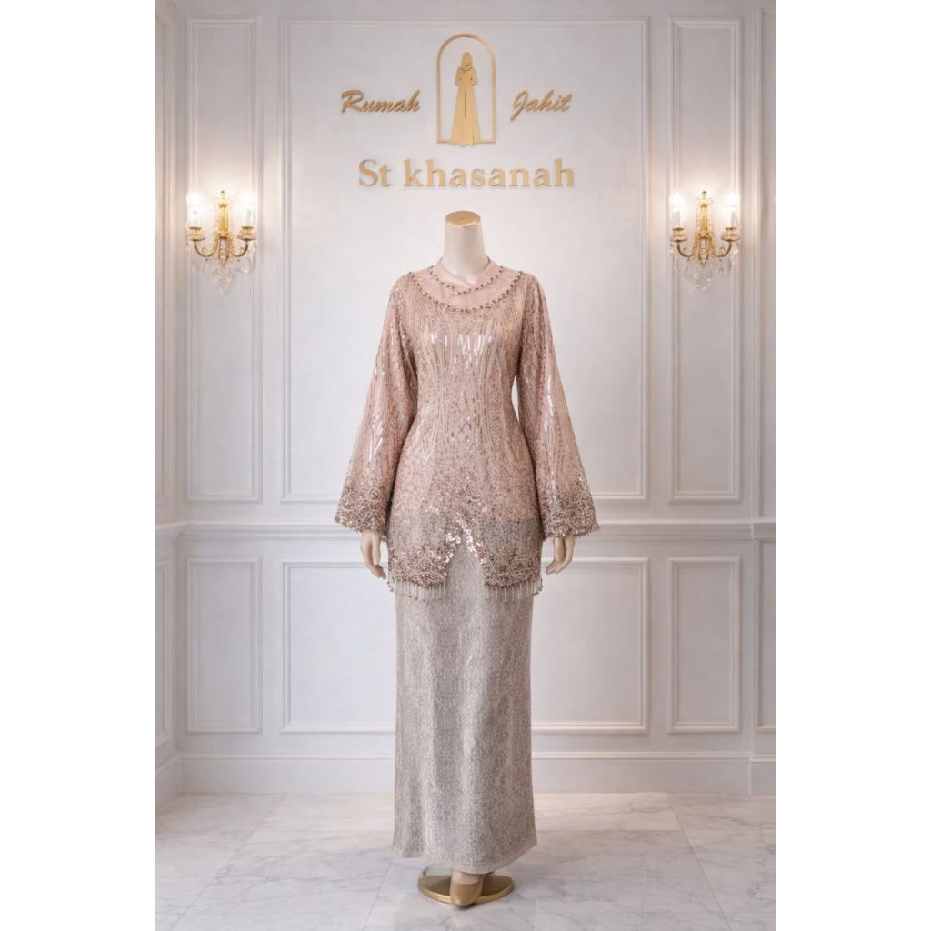 Stelan dan Atasan Kebaya Brokat cream,Payet mewah , jahitan butik ST KHASANAH