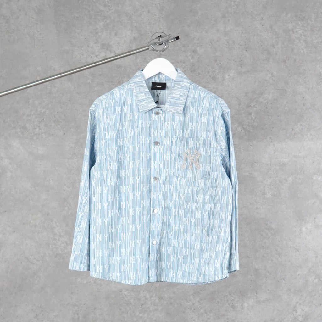 Kemeja MLB NY MONOGRAM WHITE STRIPE LIGHT DENIM BLUE LONG SHIRT 100% ORIGINAL