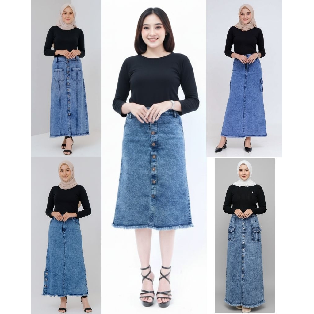 Alea skirt span Rok Panjang premium Jeans Stretch tebal | skirt span cargo polos jeans melar | rok j