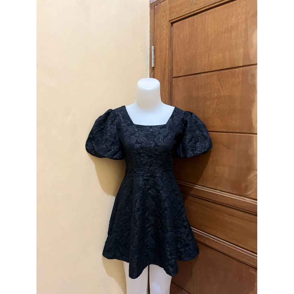 Dress Lengan Balon Emboss/Dress Dinner/ Dress Pesta Hitam