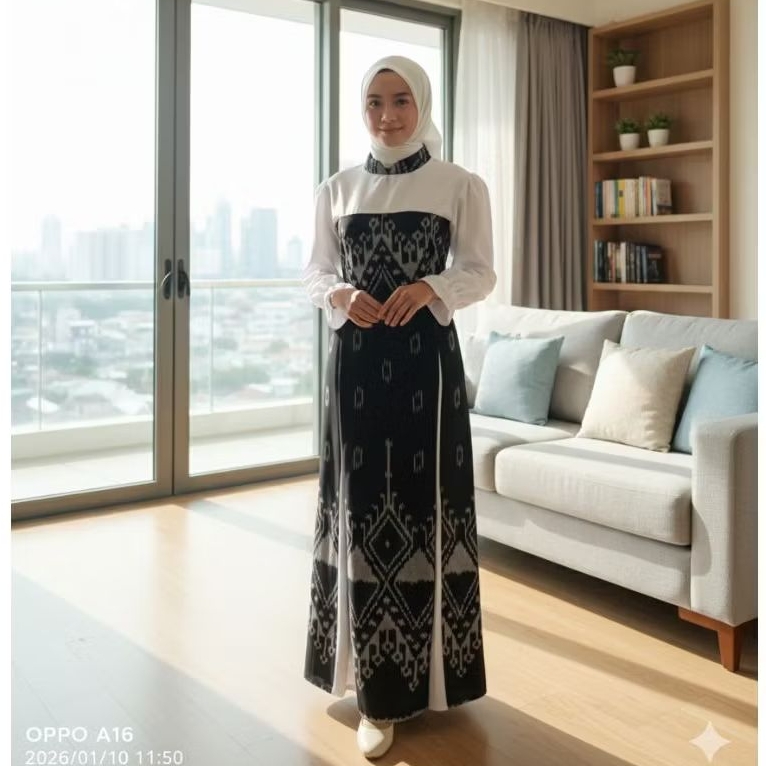 gamis kain tenun Jepara CAHAYA TENUN JEPARA warna hitam ploy toyobo putih