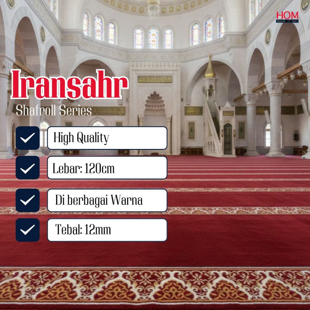 Karpet masjid meteran Iranshar bahan halus Sajadah Musholla Tebal 12mm / Sajadah Meteran Iranshar Me