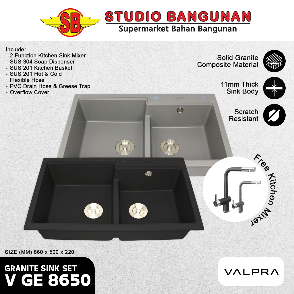 VALPRA Granite Kitchen Sink Set / Bak Cuci Piring 2 Lubang V GE 8650