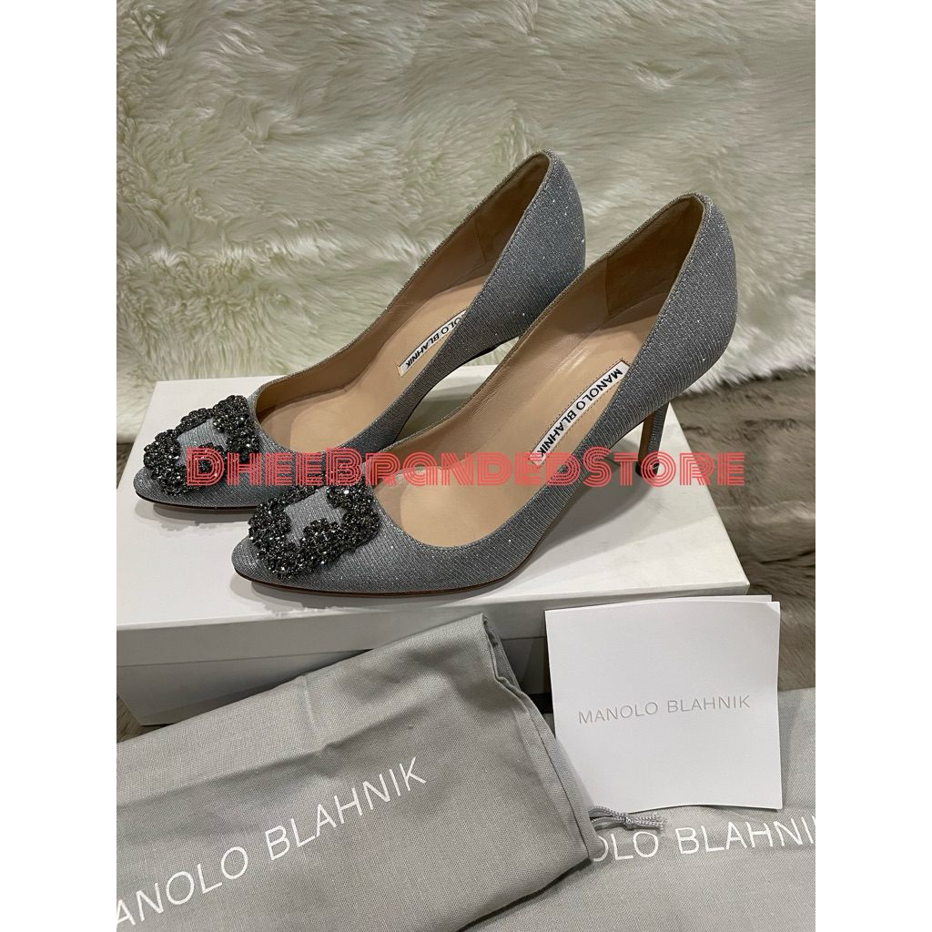 Manolo Blahnik Hangisi Glitter 90 Silver sz 35,5