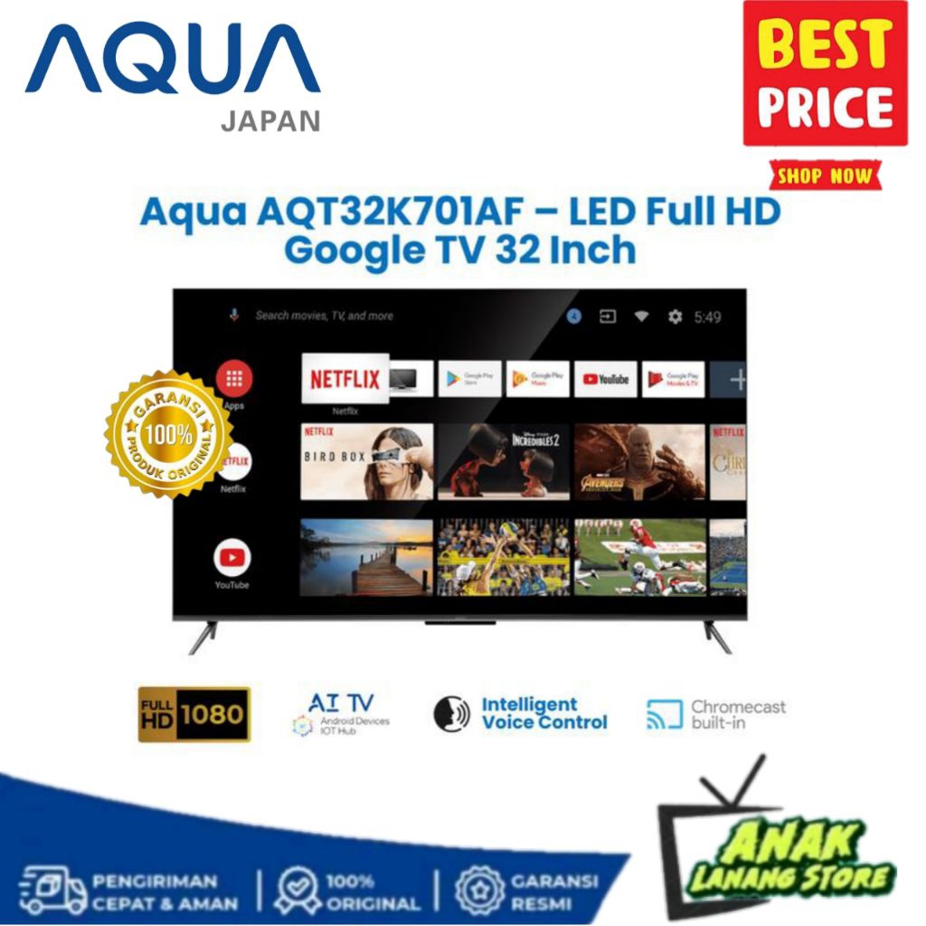 AQUA JAPAN SMART GOOGLE TV 32 INCH AQT32K701AF DIGITAL TV GARANSI RESMI