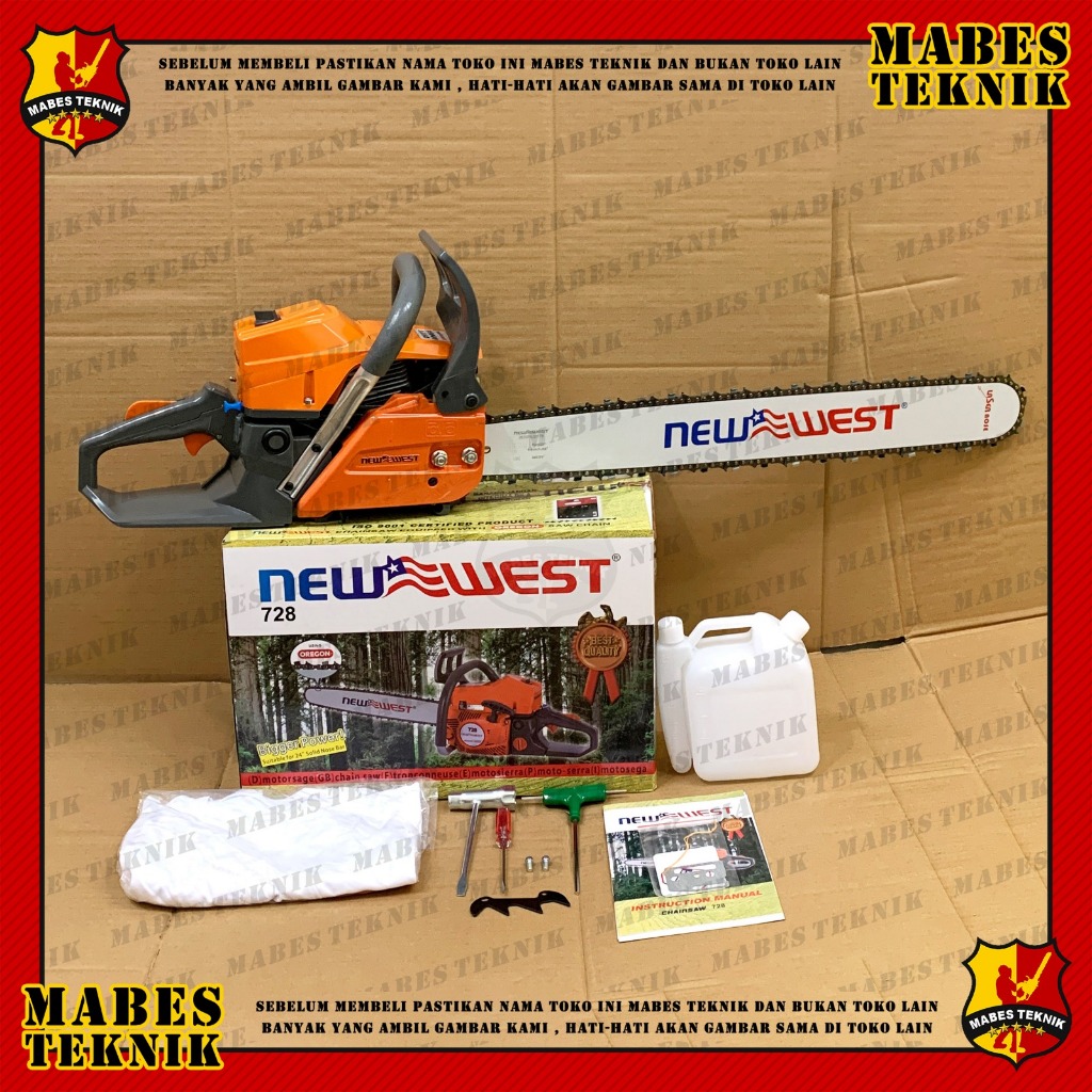 CHAINSAW NEW WEST 728 26" / MESIN GERGAJI KAYU + BAR + RANTAI 26 INCH