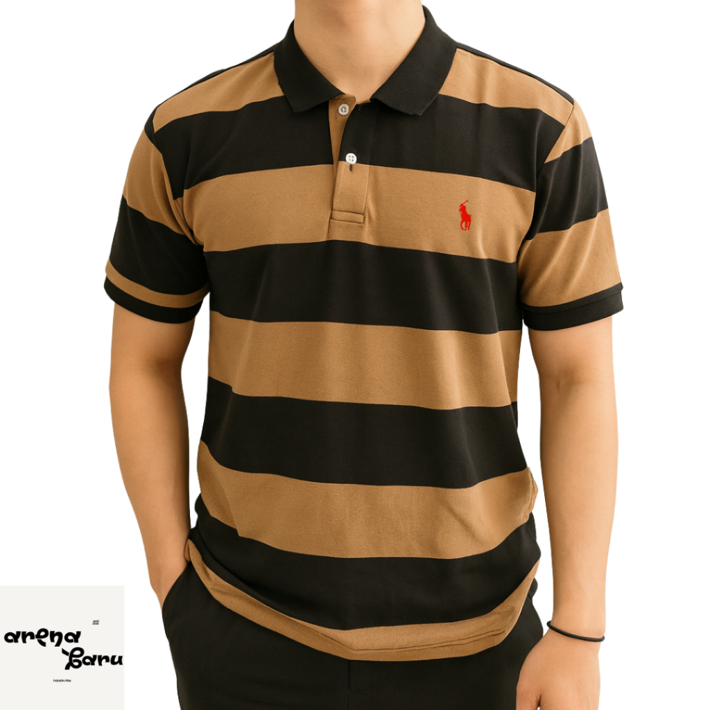 Arenabaru Kaos Kerah Pria Salur Besar Olop  Polo Shirt Salur Cotton Pique Premium Bordir Slimfit Len