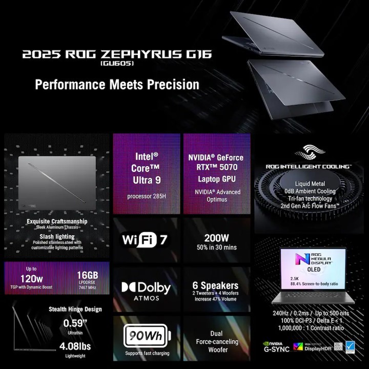 Laptop Gaming Asus ROG Zephyrus G16 Intel Ultra 9 285H Nvidia RTX 5070 8GB 16 Inch OLED 240Hz