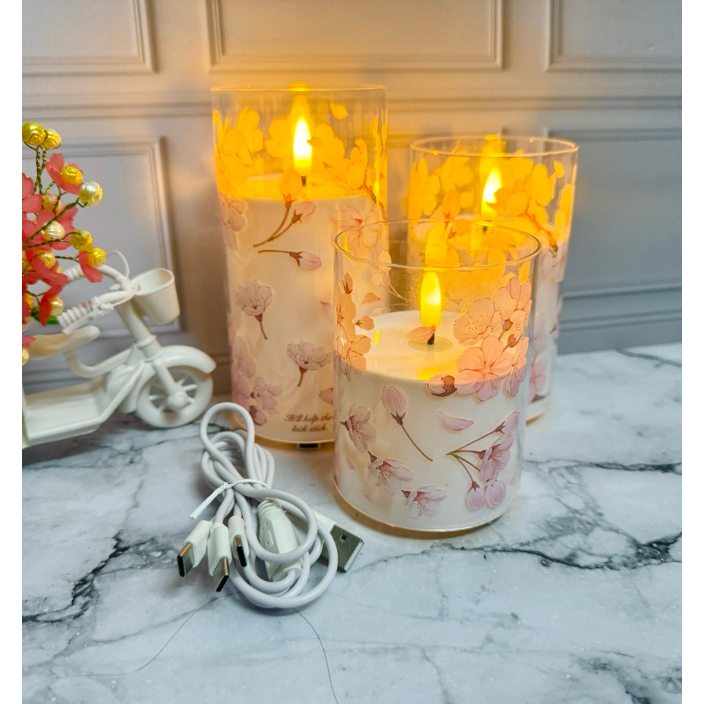 3 pcs Lilin cas elektrik gelas motif BUNGA artificial flower electric candle DIGITAL LED CANDLE LIGH
