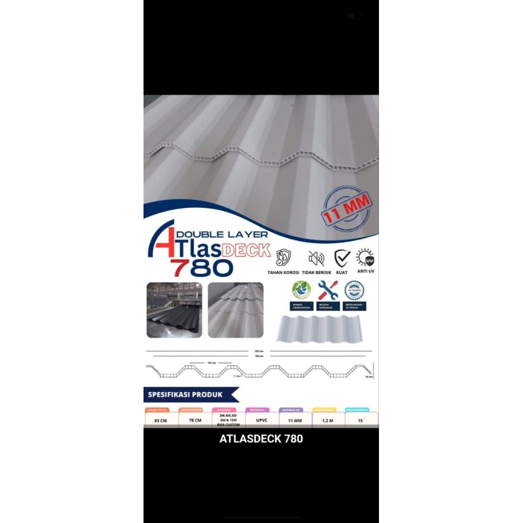 ATAP UPVC DOUBLE LAYER ATLAS 780 tebal 10mm panjang 3m,4m,5m,6m