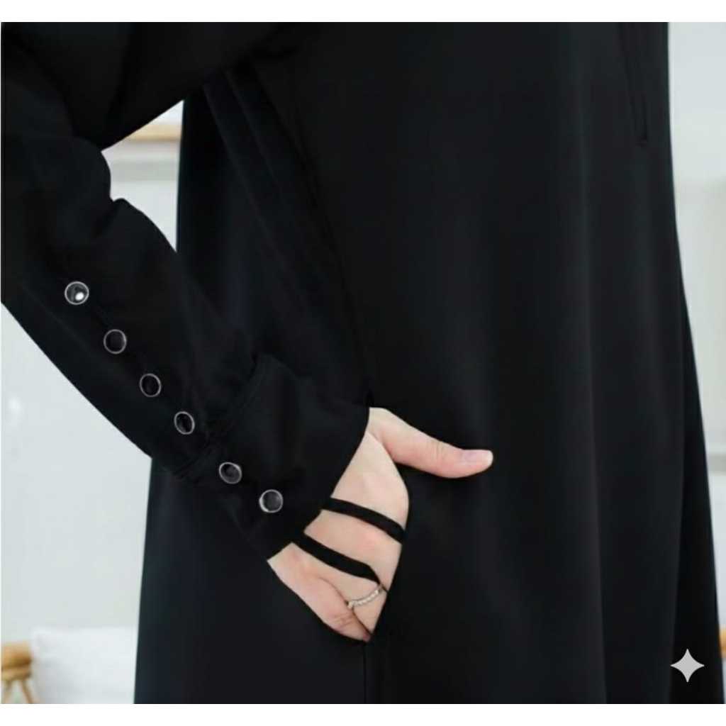 Abaya hitam Jetblack Premium Cantik | Gamis umroh anti UV hitam mewah polos kancing tangan bahan jet