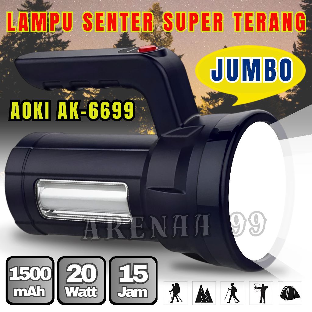 Senter Super Terang AOKI AK-6699 Cahaya Putih Tahan Sampai 15 Jam | Senter Led Cas Ulang | Senter Ta
