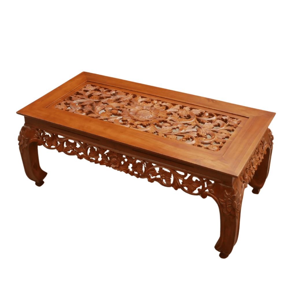 Meja Tamu Kayu Jati Asli Jepara Ukiran Motif Ketapang Ukuran 120x60x50 cm