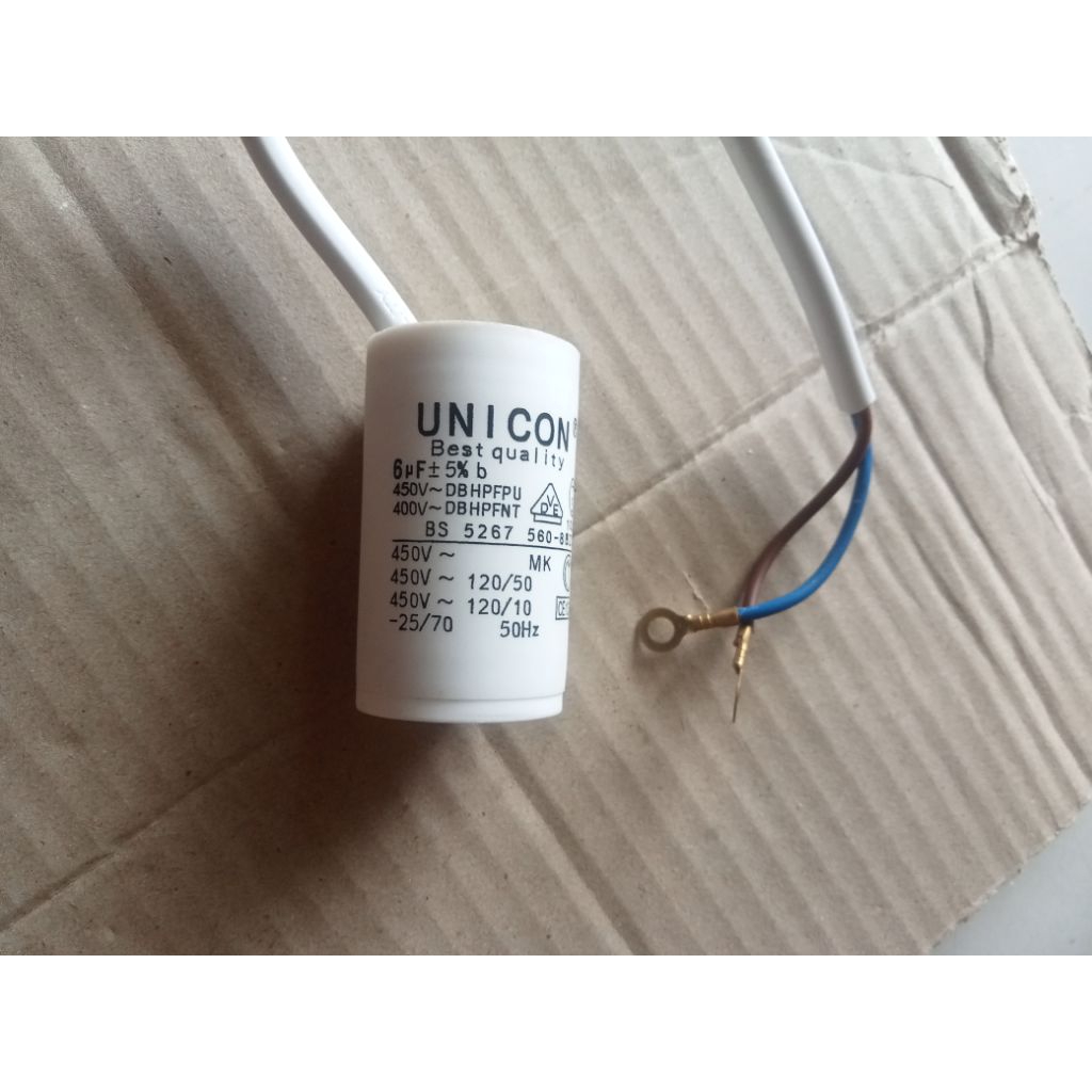 Kapasitor Single Bulat Mesin Cuci / Pompa Air UNICON 6 Mikro UF