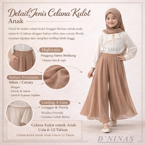 Kulot Anak Perempuan Panjang Umur  6 8 10 12 tahun  Model Payung Lebar Sifon Ceruty Pants